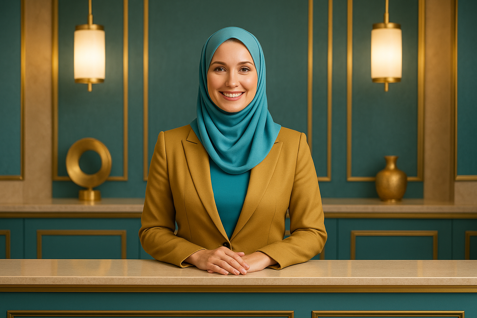 Professional marketing content - attractive, harmonious and comfortable colors - the prominent character in the image is a welcoming woman standing in front of the reception, provided that she is blonde, veiled, Muslim and smiling
The colors match the store background - especially the gold and the color 42AFC7 - in all the decor and in the character's clothing.